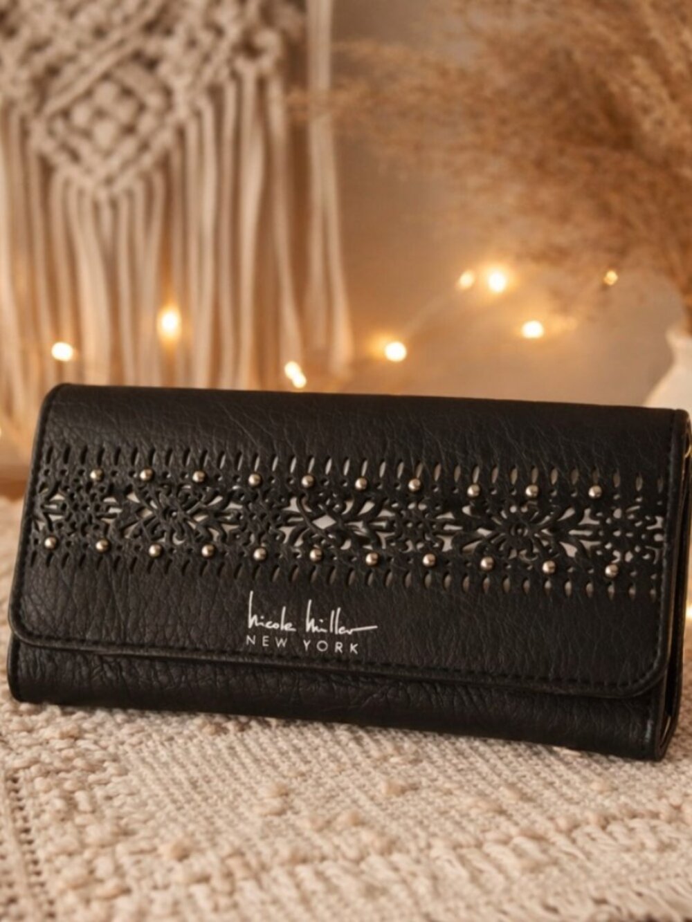 Nicole Miller Black Studded Cutout Trifold Wallet Boho Glam Y2K Edgy Boho Glam